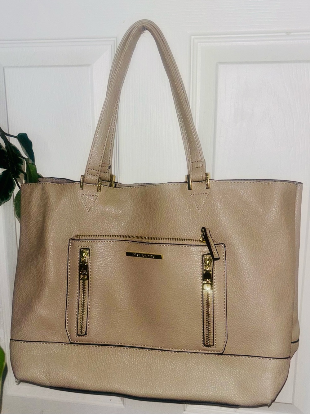 Steve Madden Taupe Leather Tote with Gold Hardware